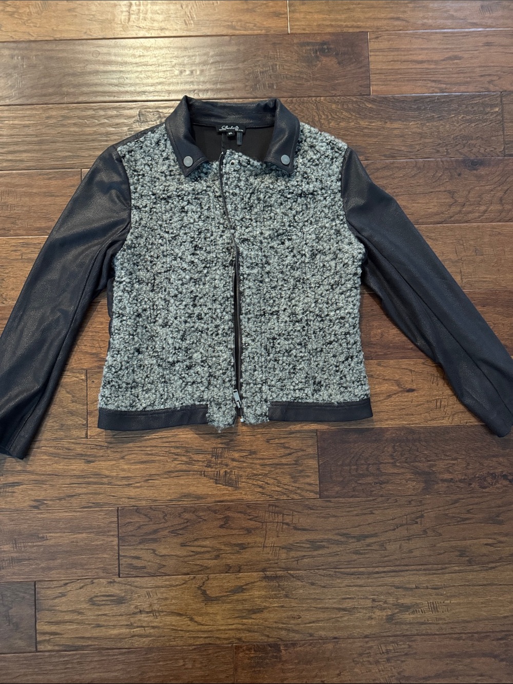 Grey Bomber Bouclé Front with Black Faux-Leather Sleeve Jacket